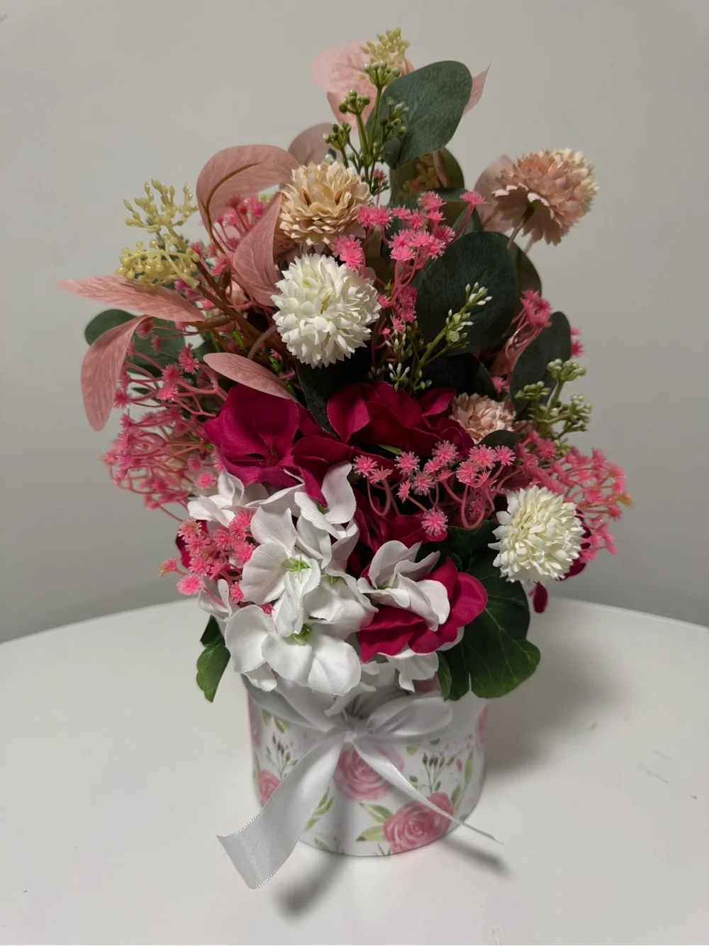 Pink & White Floral Arrangement in Decorative Hatbox